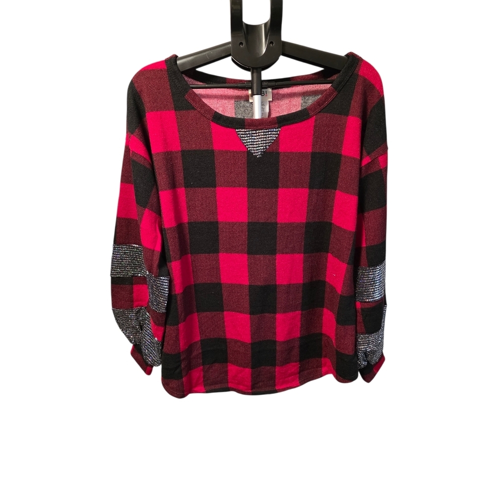 BiBi Red and Black Plaid Top with Sequin Sleeves